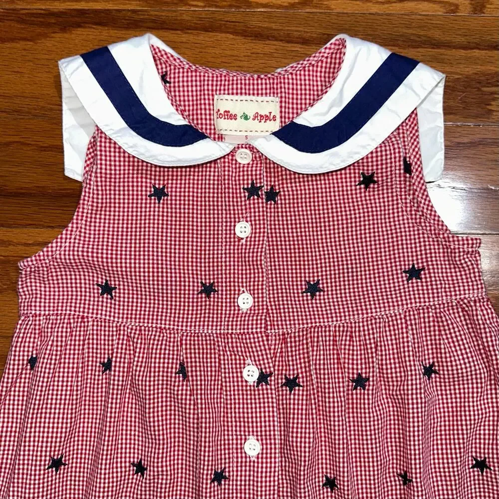 Vintage Toffee Apple Girls Red Gingham Patriotic Star Sailor Collar Dress Size 5